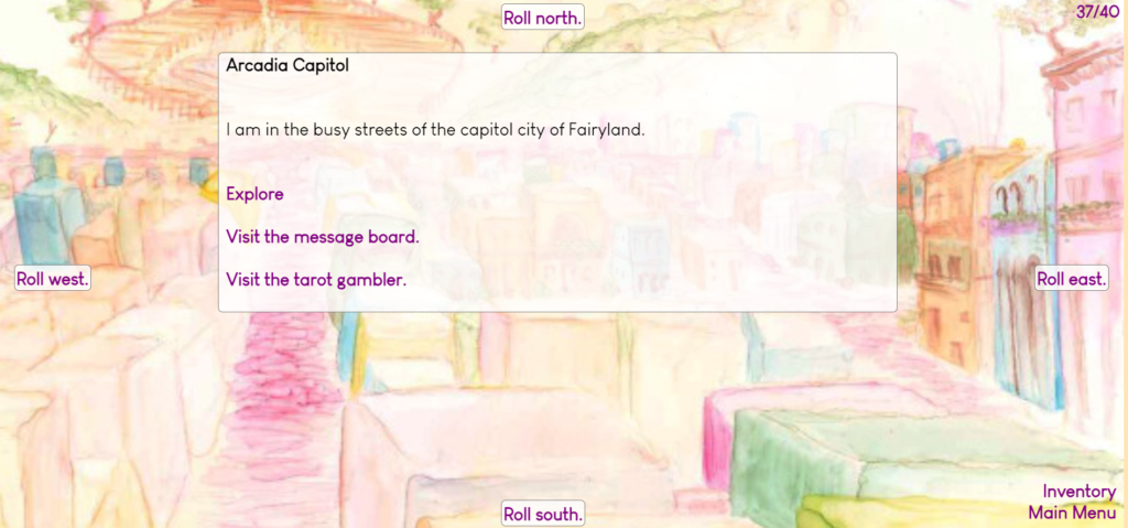 A screenshot from A Murder in Fairyland displays the game’s interface, including directional links at the edges of the screen, an inventory link in the corner, and a central play area with options including “explore”, “visit the message board”, and “visit the tarot gambler”.