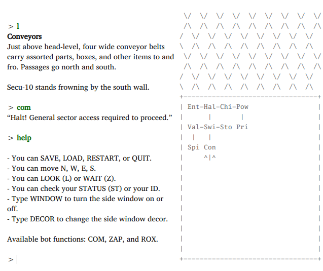 A screenshot of Trouble in Sector 471, showing the automap and the HELP function, which includes the three “bot functions”, or action verbs, of COM, ZAP, and ROX