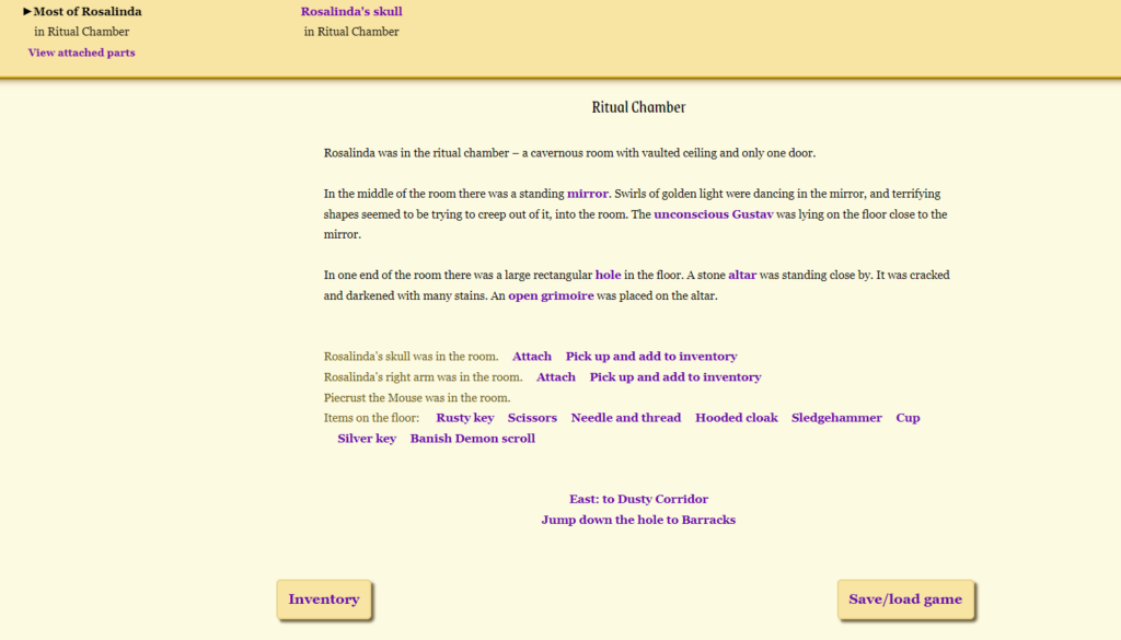 A screenshot from The Bones of Rosalinda, with a main window featuring highlighted links for the key items in a scene, a list of the objects on the location’s floor, directional links for navigation, and an inventory button. The header indicates that “most of Rosalinda” is in the ritual chamber, as is her skull, which is separated from the rest of her.