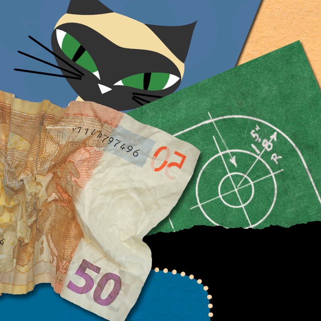 Counterfeit Monkey's cover image: a crumpled bill with the number 50 in one corner, an engineering diagram, torn paper, and a stylized cat (monkey?) peering out from behind them.
