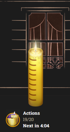 A partially-melted candle with 19/20 actions remaining. "Next in 4:04" announces when the last action will regenerate, refilling the counter to 20/20.