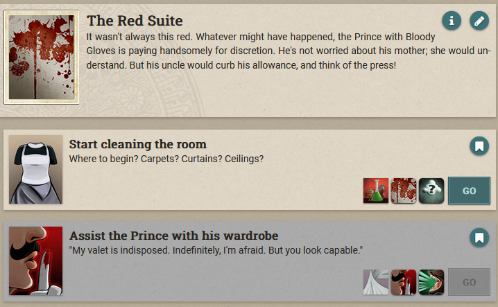 "The Red Suite" is an Opportunity Card. Root text displays the room's general description. Two branches represent the player's choice of actions: "Start cleaning the room" or "Assist the Prince with his wardrobe."