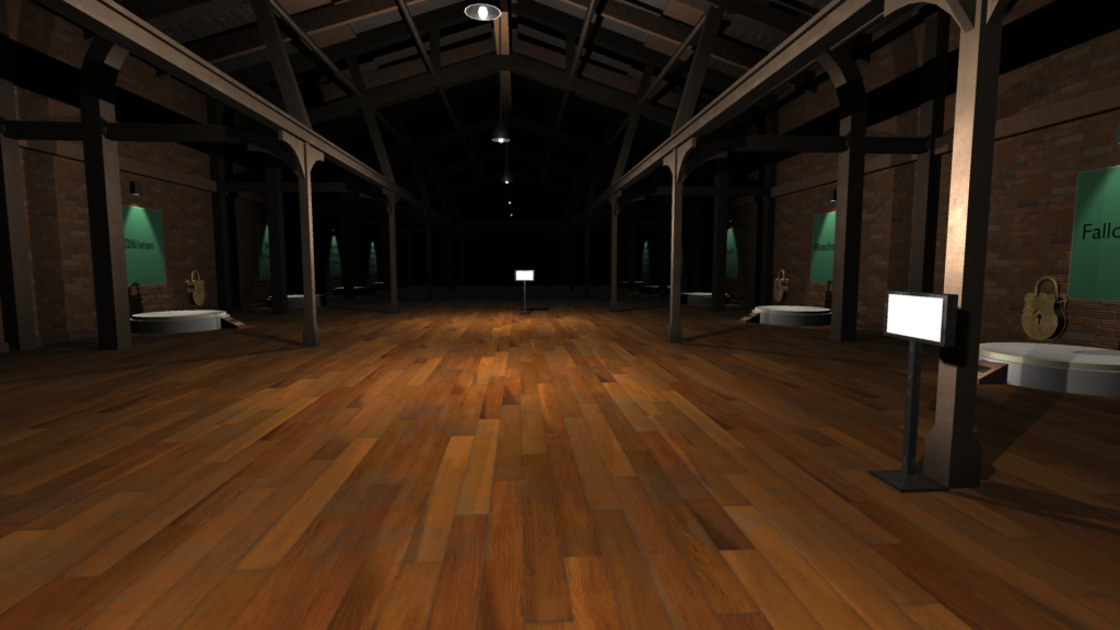 A long, high-ceilinged videogame wooden hall, dimly lit. Down each side, small spotlights illuminate large green signs where the player can interact with each exhibit.