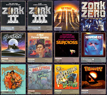 A grid of some of Infocom's covers: Zork 2 and 3, Beyond Zork, Zork Zero, Moonmist, A Mind Forever Voyaging, Starcross, Suspended, Plundered Hearts, Ballyhoo, Hollywood Visionary, and Trinity