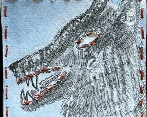 A toothy wolf. Colored pencil strokes on heavily textured paper, its jaws, eyes, and the whole piece outlined in chunky red stitching.